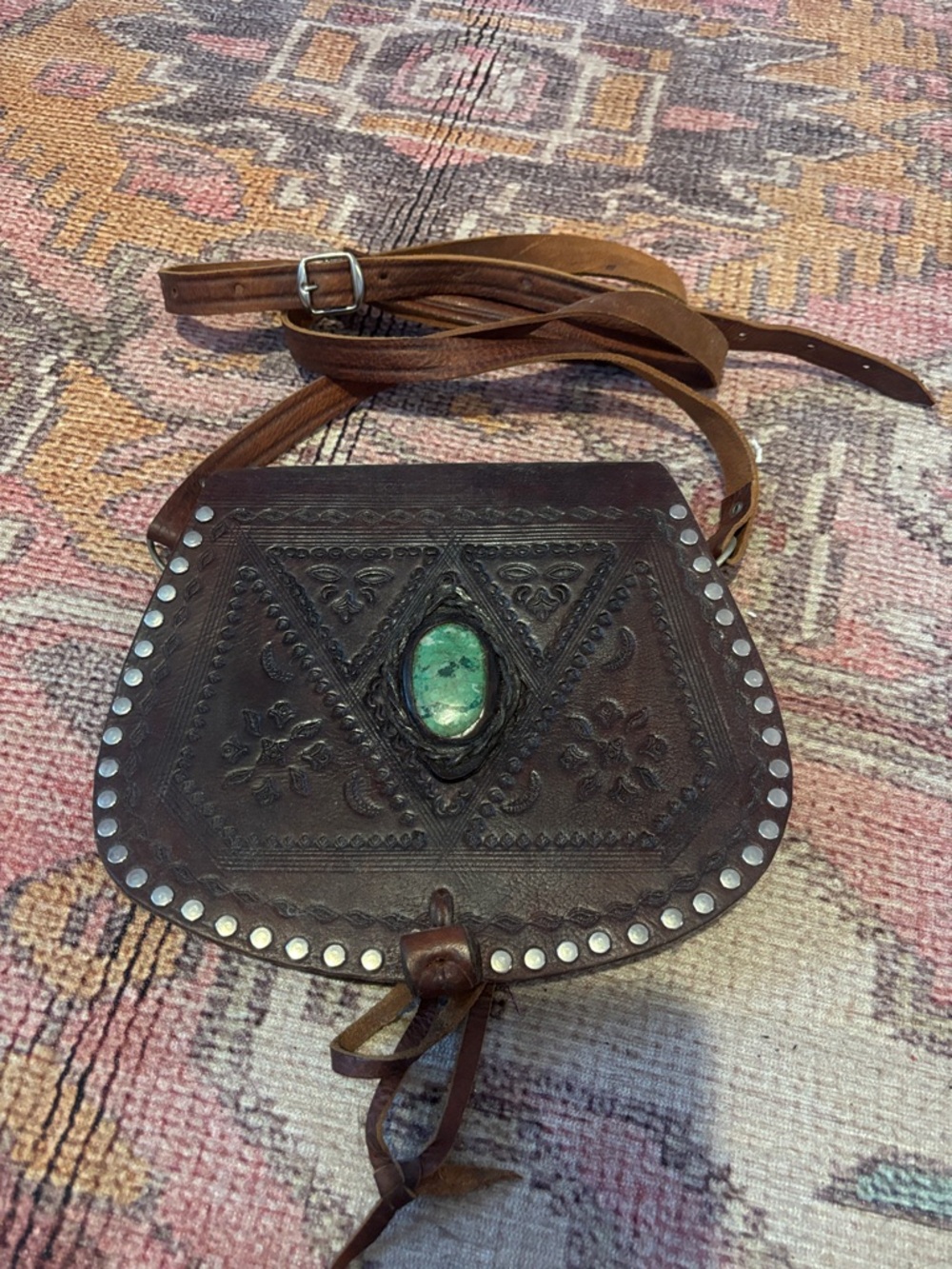 Handmade Brown Leather Crossbody Bag with Green Stone Accent
